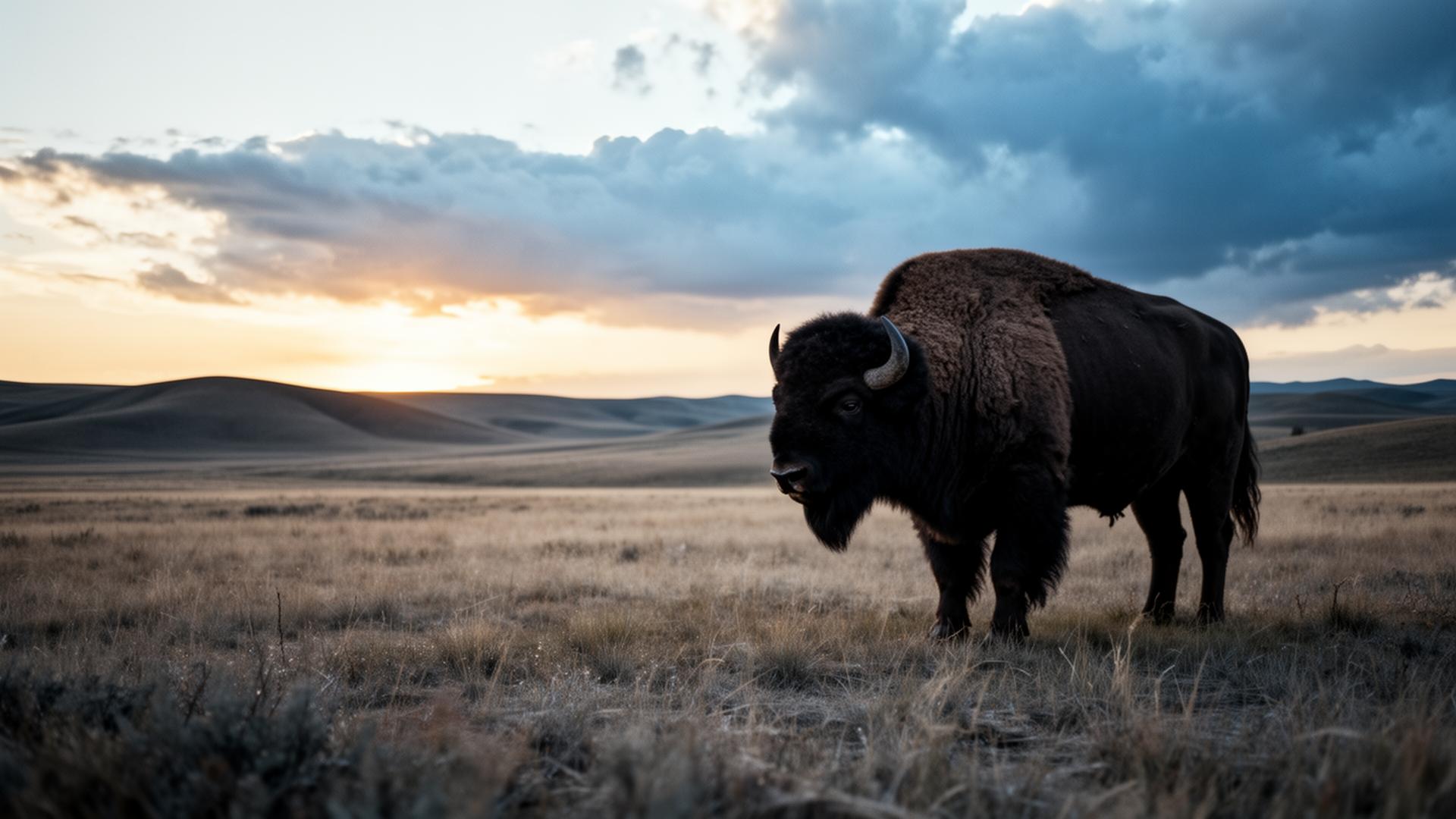 A lone bison standing calmly on open prairie at dawn